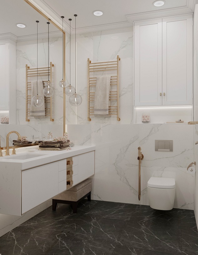 Проект квартиры в ЖК Донской Олимп ванной комнаты в отделке под белый мрамор