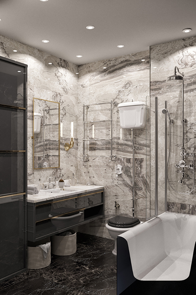 Дизайн проект ванной в классическом стиле с плиткой под мрамор